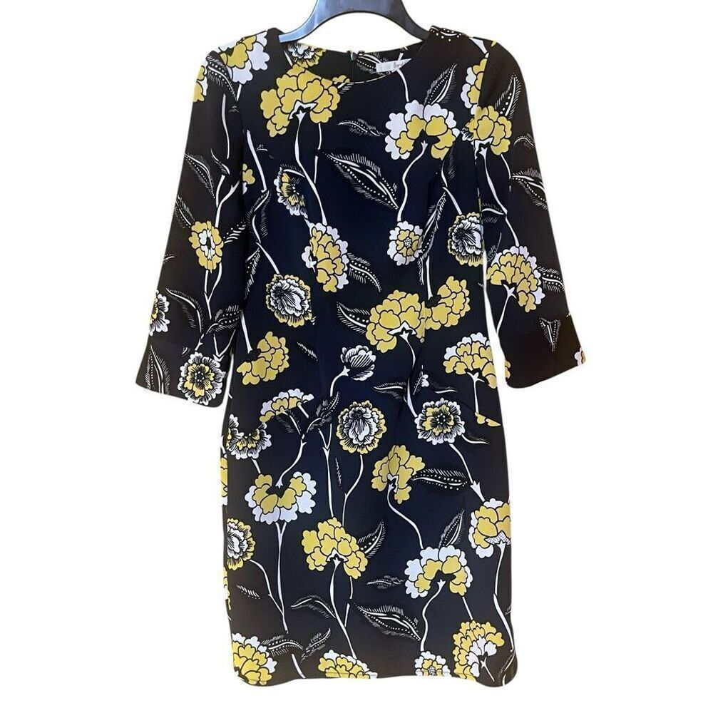 Boden Navy Yellow & White Flowers 3/4‎ Sleeve Sheath Dress Sz 2R